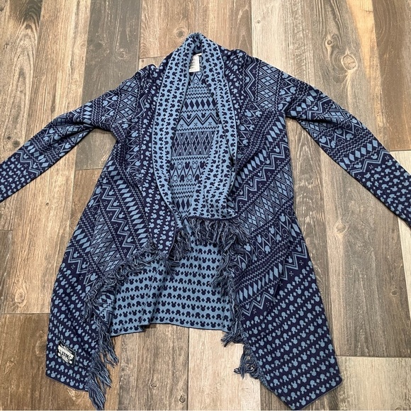 Disney parks blue Mickey Mouse silhouette fringe waterfall cardigan sweater - Picture 5 of 8
